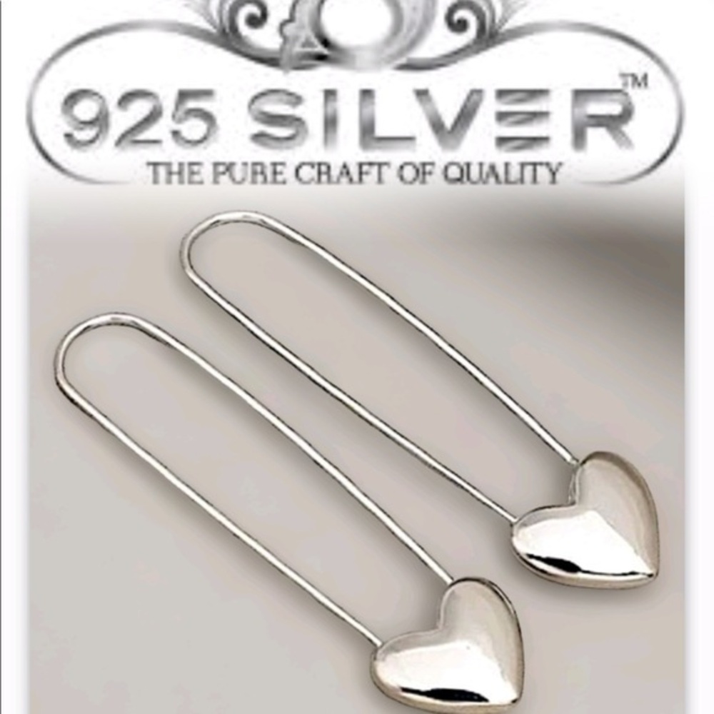 - 925 Sterling Silver stamped Heart Safety Pin Earrings y2k